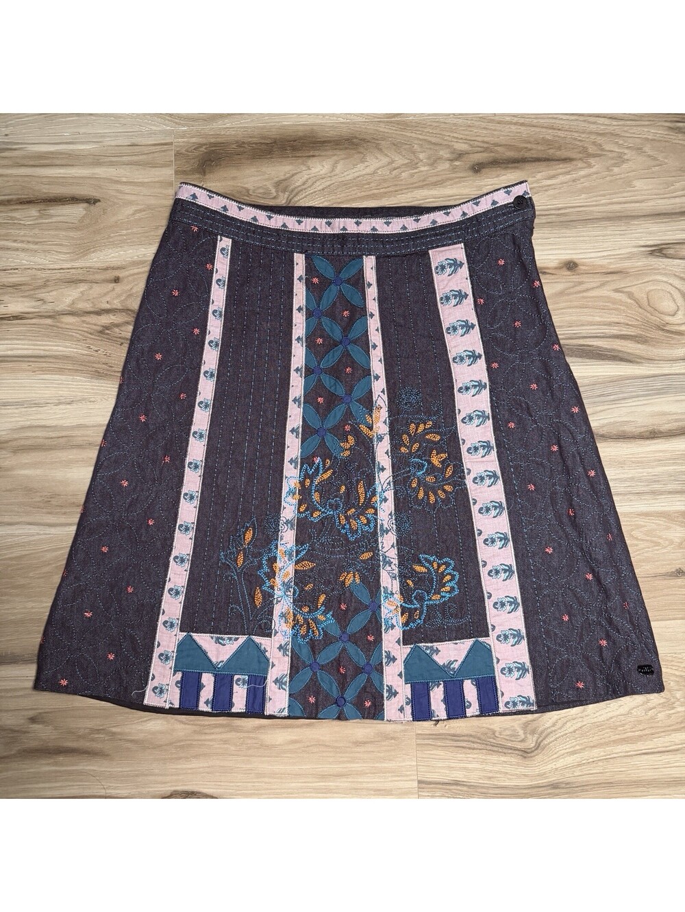Ted Baker Denim A-Line Skirt Floral Embroidered Patchwork Sz 3